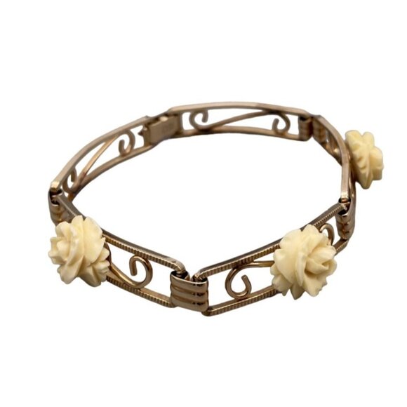 Vintage Amco 14k Gold Filled Celluloid Rose Five Panel Bracelet - Picture 1 of 8
